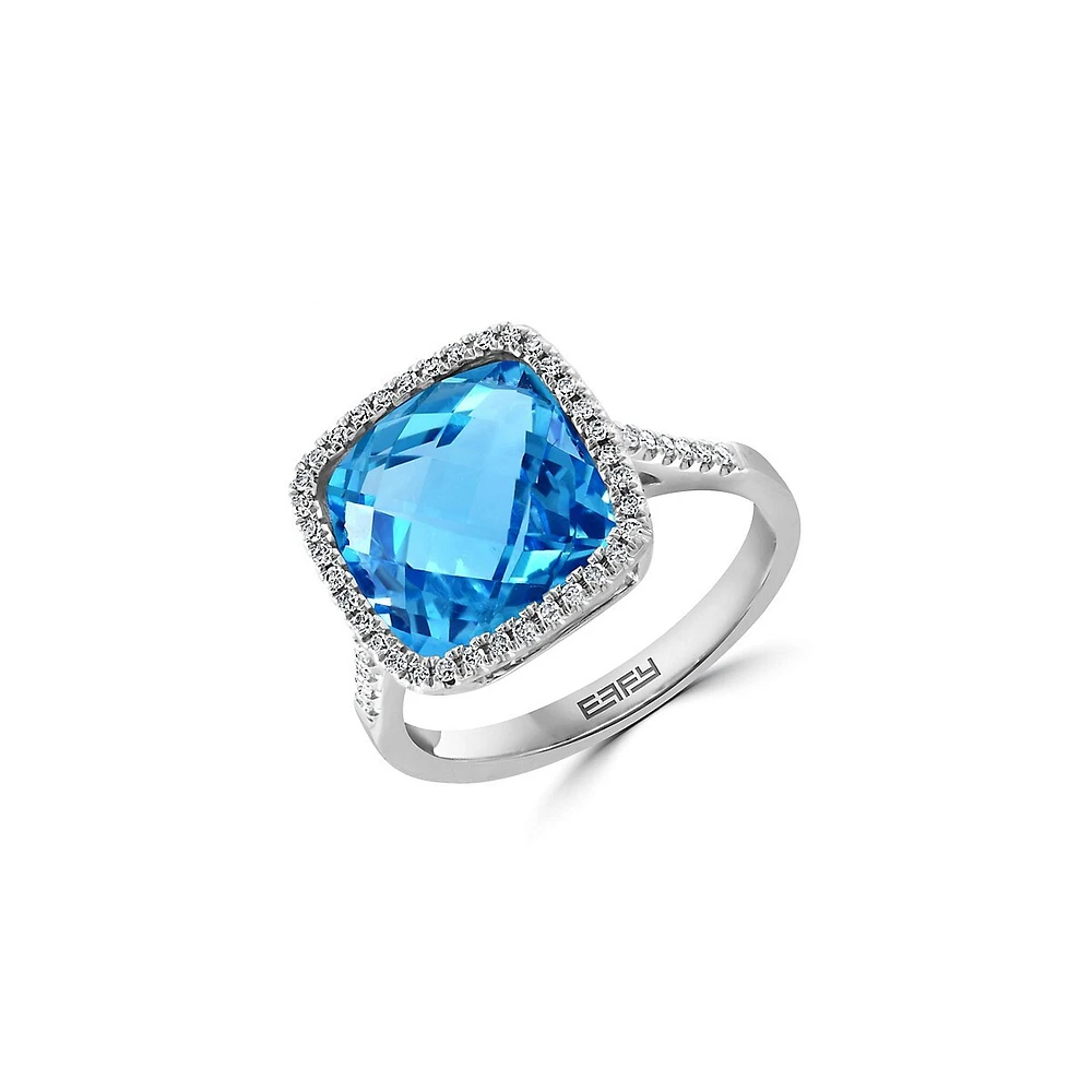 Bague en or blanc 14 ct avec topaze bleue et diamants de 0,2 ct (PT)