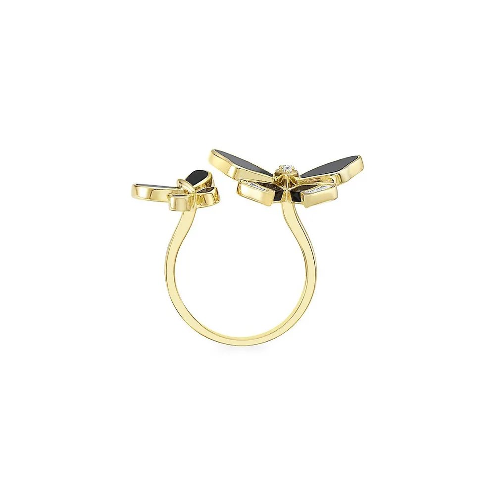 14K Yellow Gold, 0.12 CT. T.W. Diamond & Onyx Butterfly Open Ring