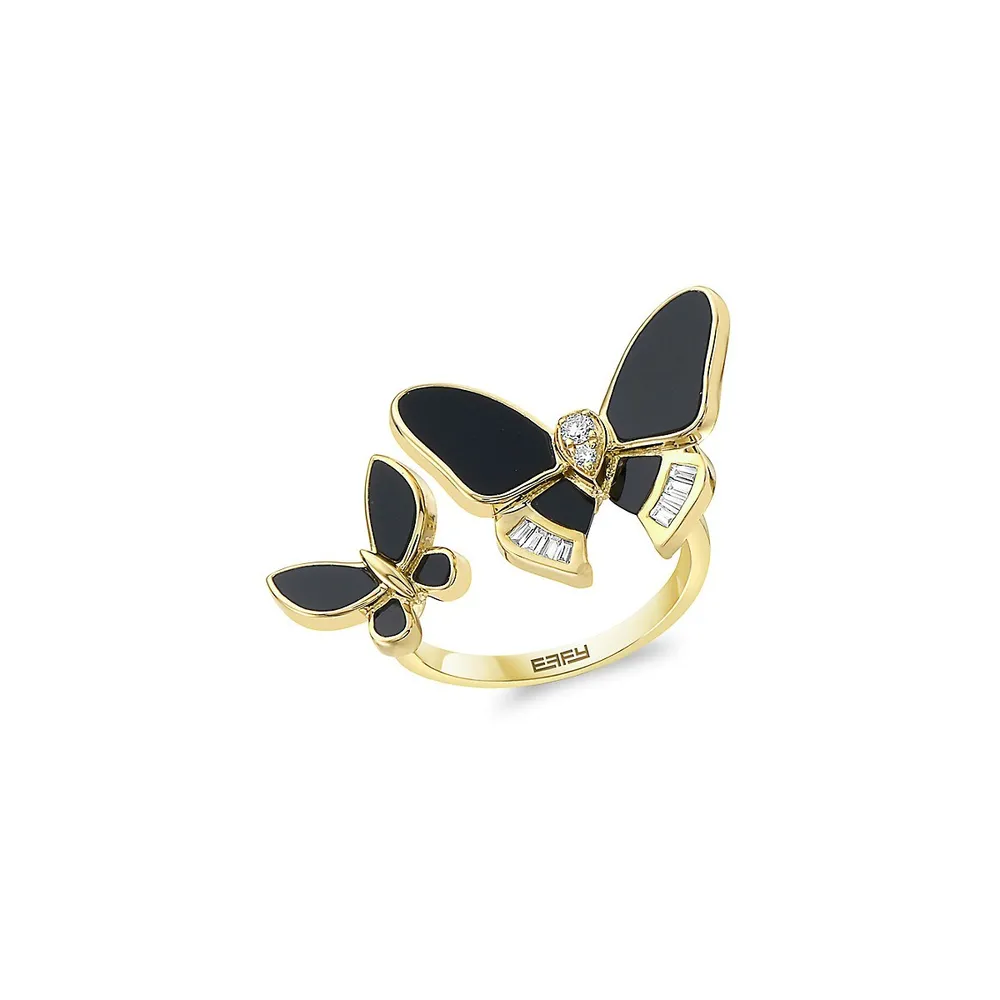 14K Yellow Gold, 0.12 CT. T.W. Diamond & Onyx Butterfly Open Ring