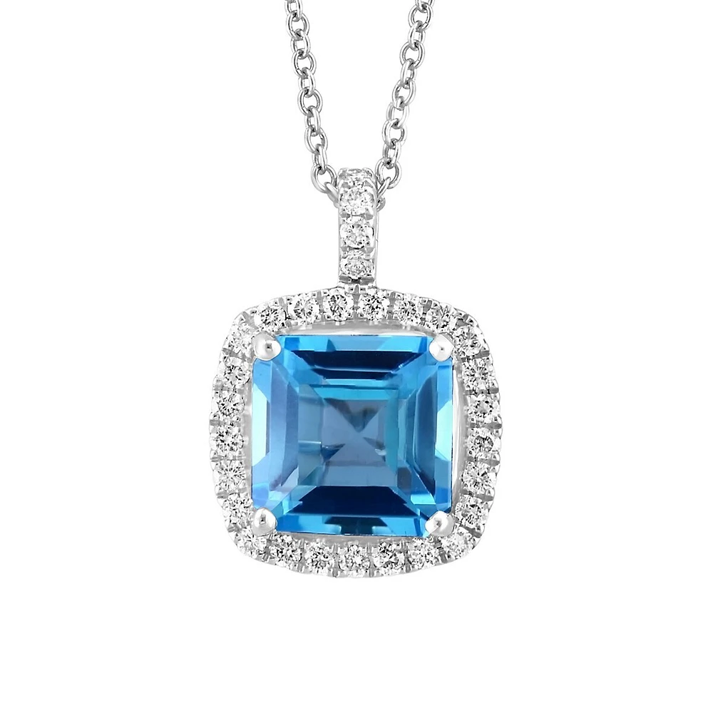 Collier en or blanc 14 ct avec pendentif à topaze bleue et à diamants de 0,35 ct (PT)