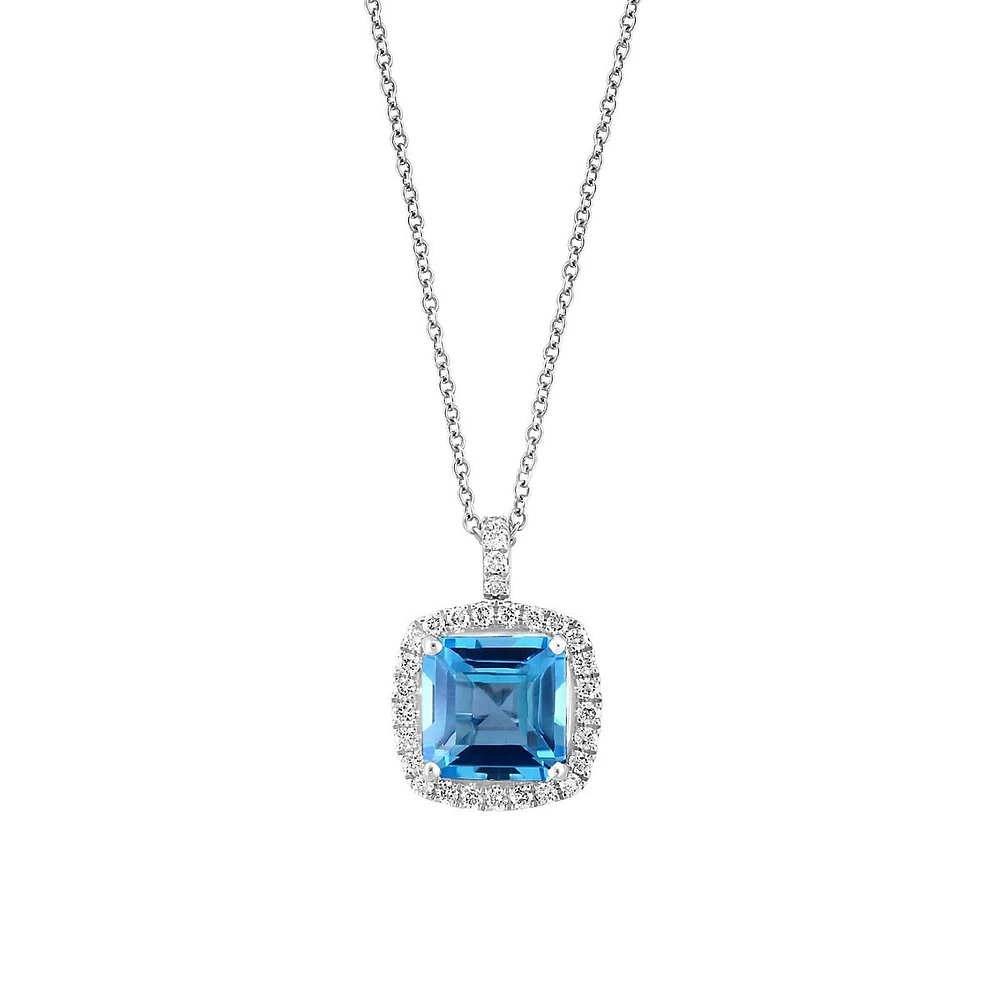 Collier en or blanc 14 ct avec pendentif à topaze bleue et à diamants de 0,35 ct (PT)