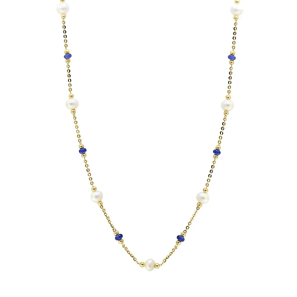 14K Yellow Gold, 3MM-4.5MM Freshwater Pearl & Sapphire Station Necklace