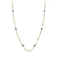 14K Yellow Gold, 3MM-4.5MM Freshwater Pearl & Sapphire Station Necklace