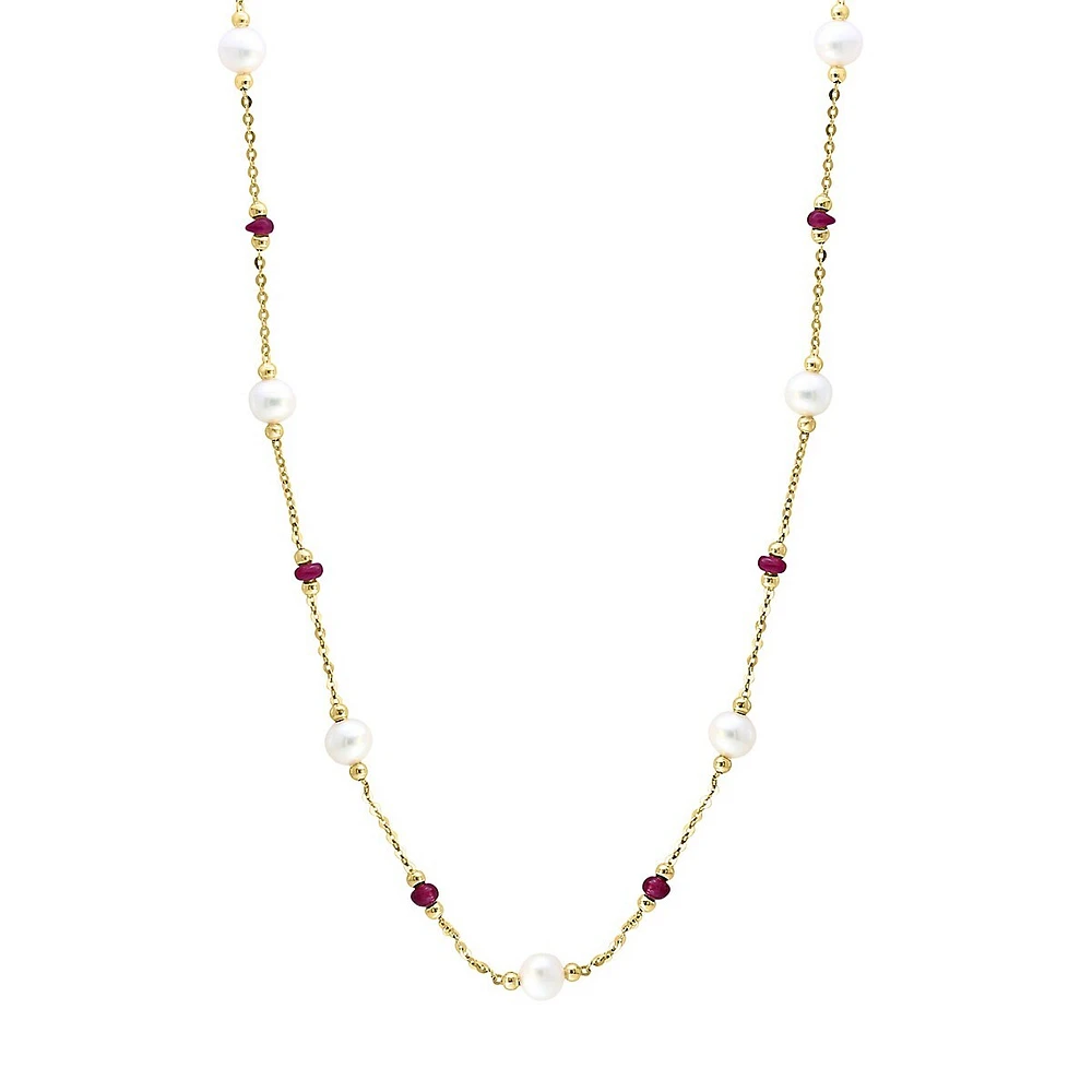 Collier en or jaune 14 ct avec rubis et perles d'eau douce de 3 à 4,5 mm