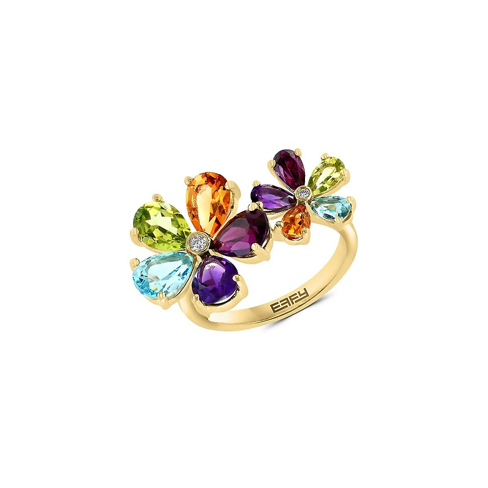 Mosaic 14K Yellow Gold & Multi-Stone Double-Flower Ring