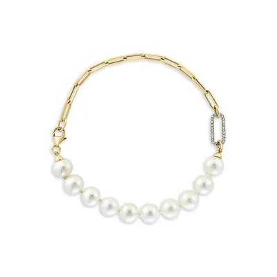 Pearls 14K Yellow Gold, 0.10 CT. T. W. Diamond & Freshwater Pearl Bracelet