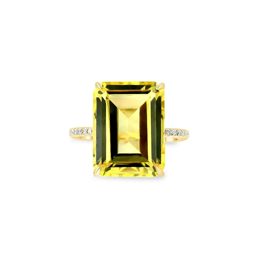 Bague en or jaune 14 ct à quartz citron et à diamants 0,13 ct PT