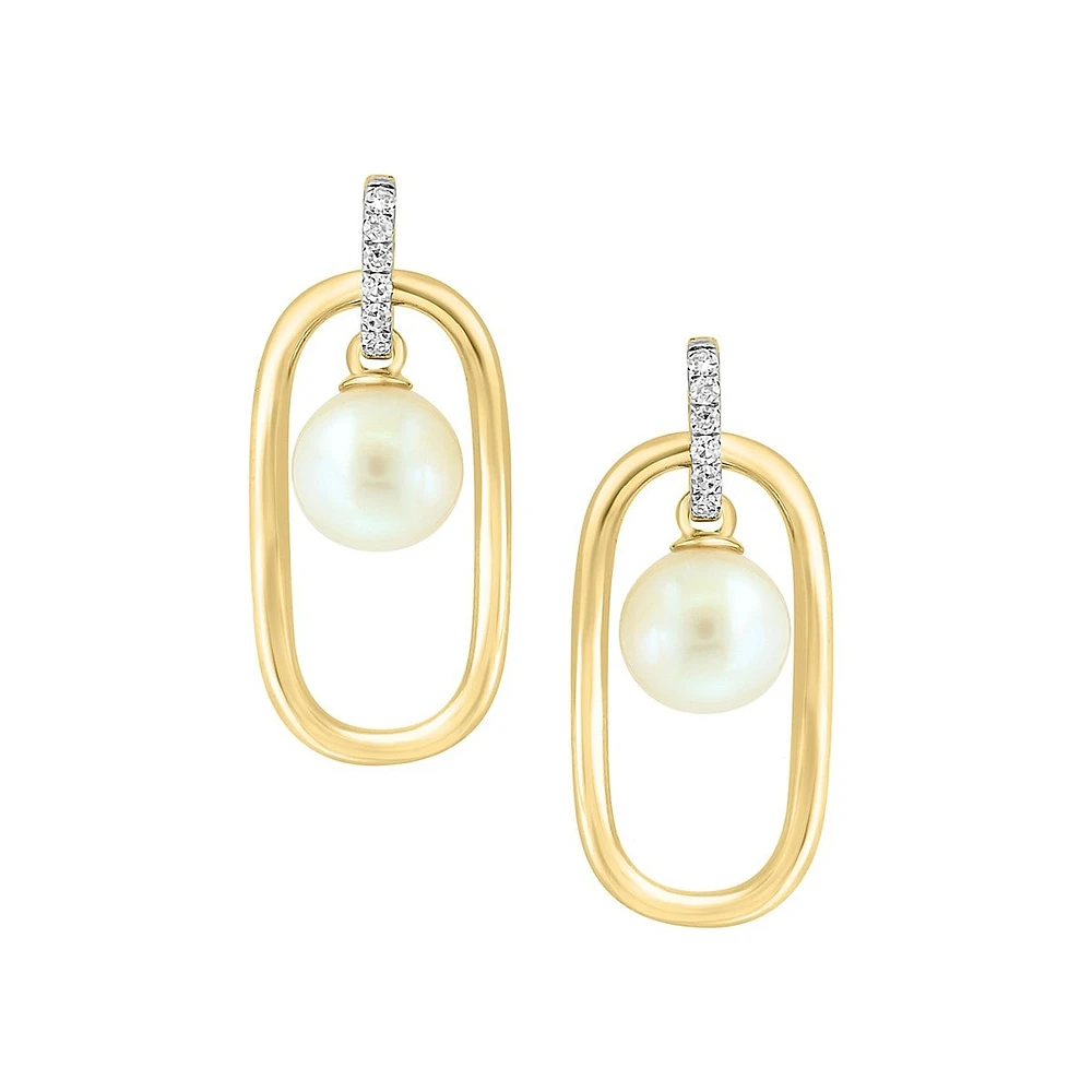 Pendants d'oreilles en or jaune 14 ct avec diamants de 0,06 ct (PT) et perles d'eau douce de 6 mm