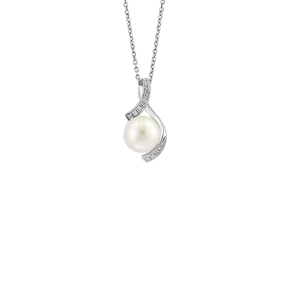 Sterling Silver, 8MM Freshwater Pearl & 0.06 CT. T.W. Diamond Pendant Necklace