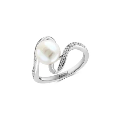 Sterling Silver, 0.12 CT. T.W. Diamond & 8MM Freshwater Pearl Ring