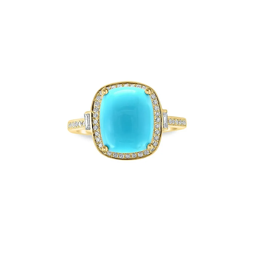 Bague en or jaune 14 ct à losanges et turquoise 0,24 ct PT