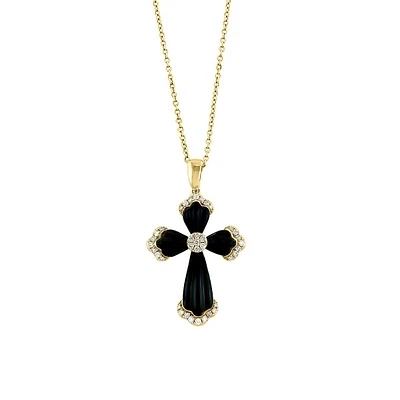 Collier or jaune 14 ct avec pendentif en forme de croix ornée de diamants de 0,17 ct (PT) et d'onyx