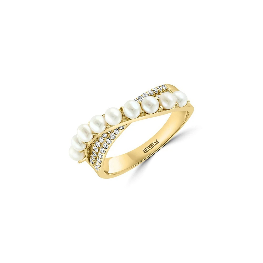 Bague croisée en or jaune 14 carats, diamant de 0,2 ct et perle d'eau douce de 2,7 mm