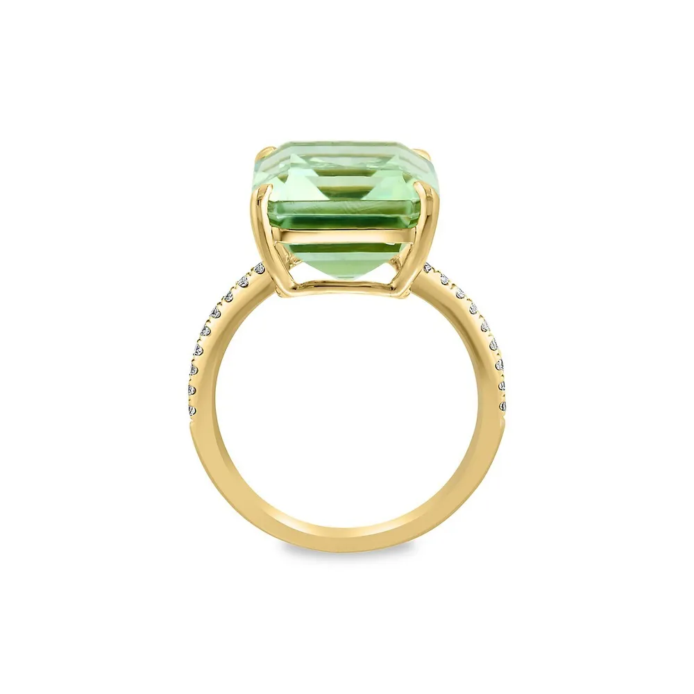 Bague solitaire en or jaune 14 ct avec améthyste verte et diamants 0,13 ct PT