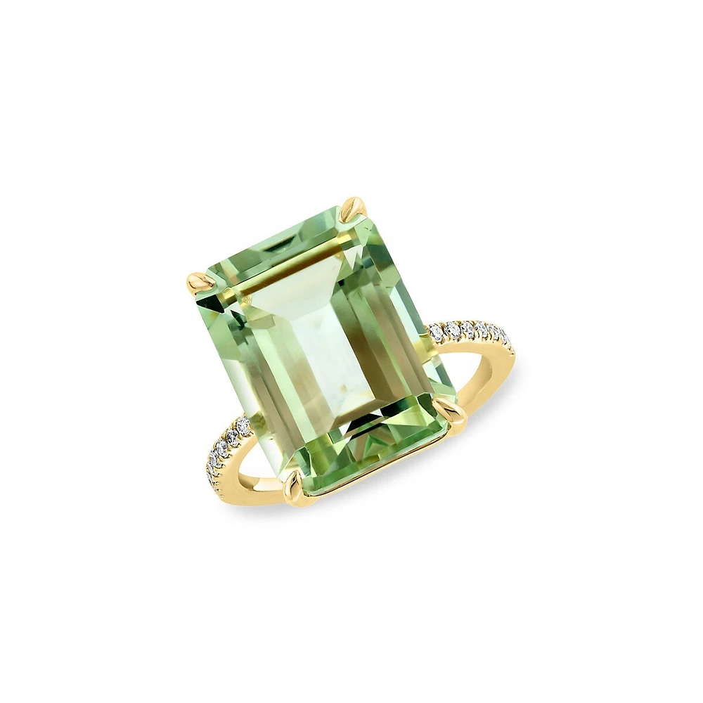 Bague solitaire en or jaune 14 ct avec améthyste verte et diamants 0,13 ct PT