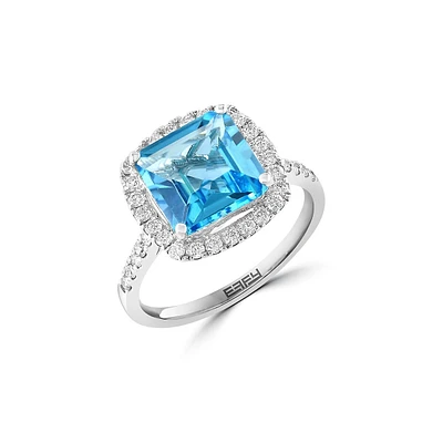 Bague en or blanc 14 ct avec topaze bleue et diamants de 0,45 ct (PT)