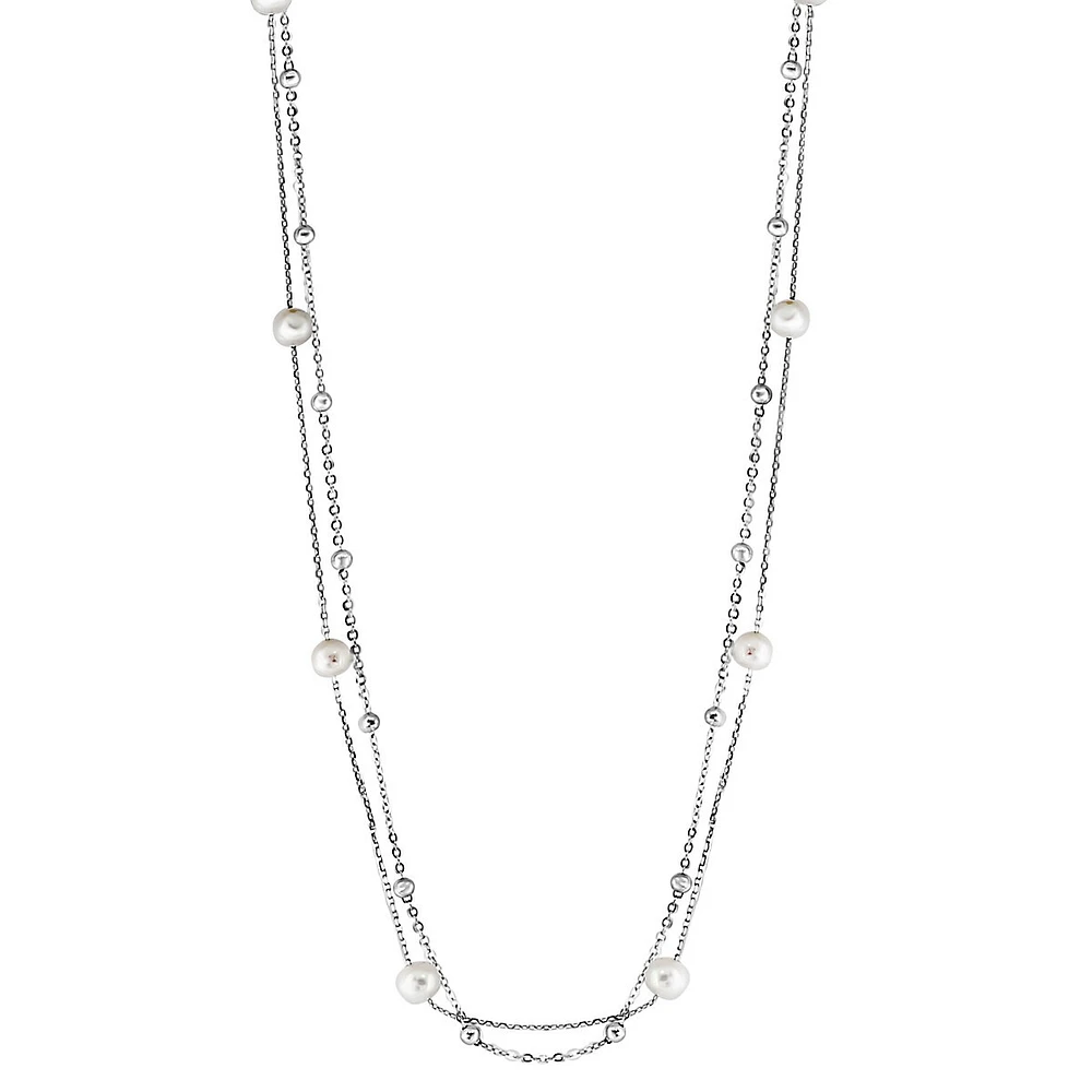 Sterling Silver & 6MM Freshwater Pearl Double-Row Station Necklace