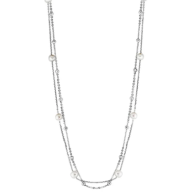 Sterling Silver & 6MM Freshwater Pearl Double-Row Station Necklace