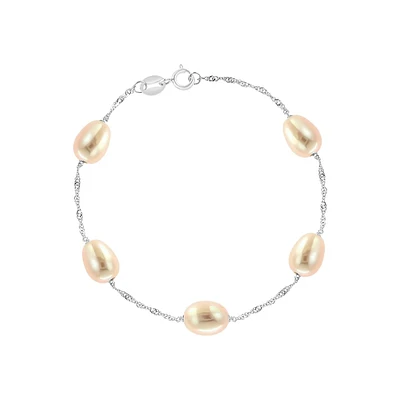 Sterling Silver & 7MM Peach Freshwater Pearl Bracelet