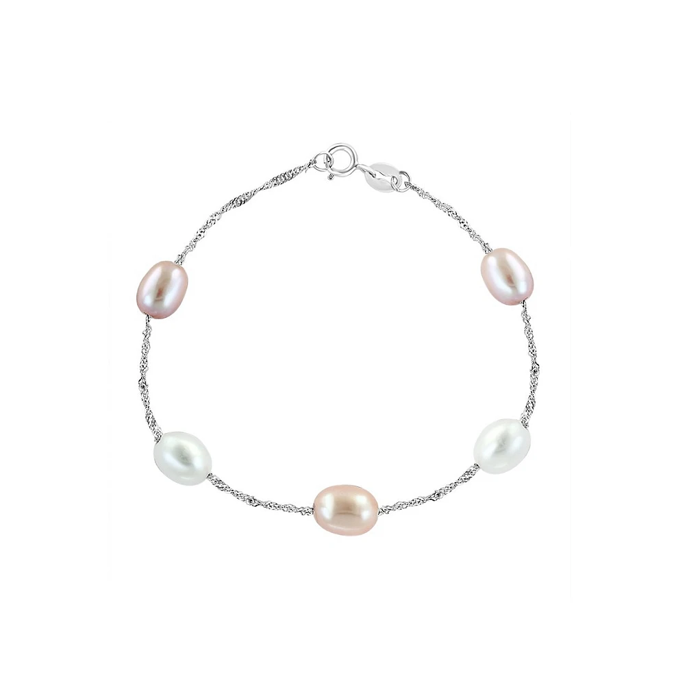 Sterling Silver & 7MM White & Pink Freshwater Pearl Station Bracelet