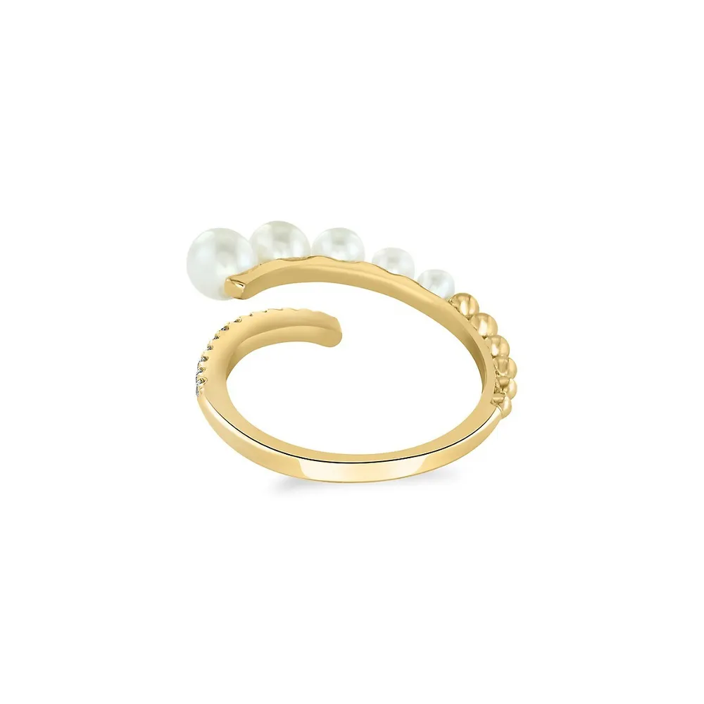 Bague en or jaune 14 ct avec perles d'eau douce de 2,5, 3,5 à 4 et 4,5 mm et diamants 0,1 ct PT