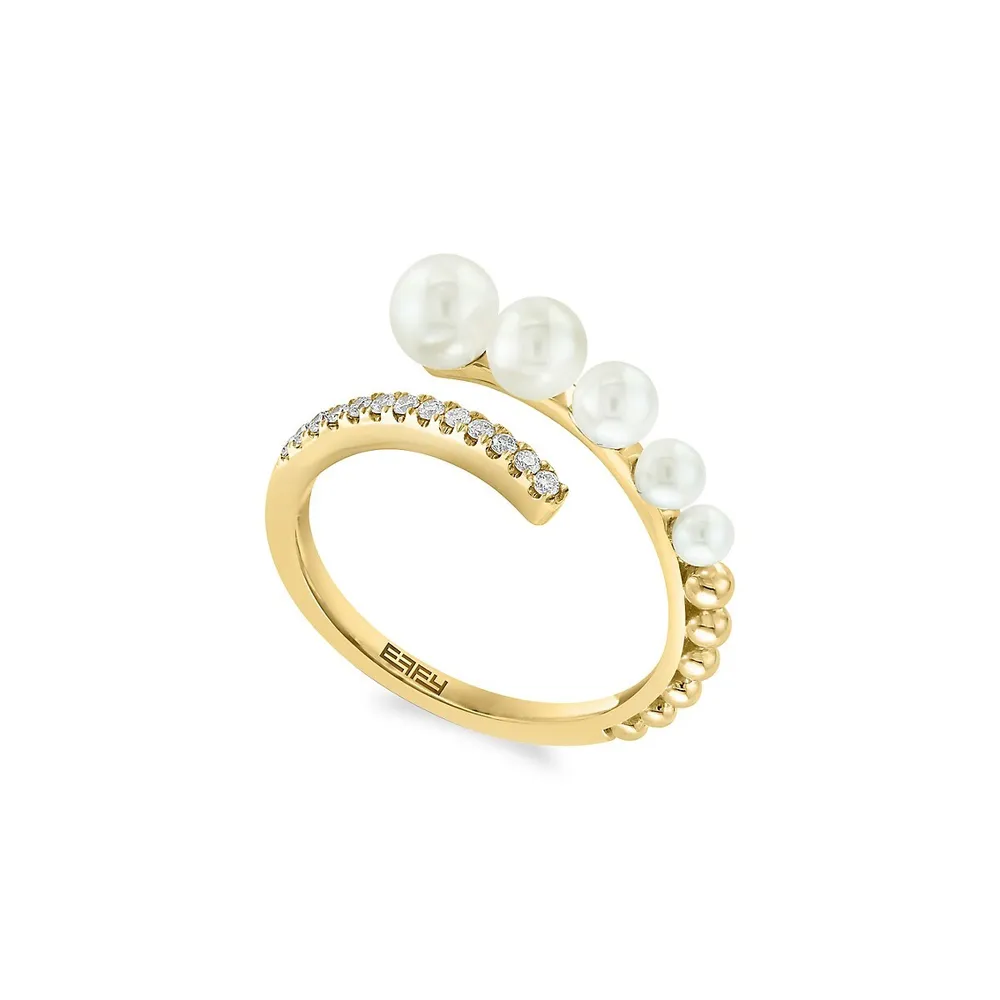 Bague en or jaune 14 ct avec perles d'eau douce de 2,5, 3,5 à 4 et 4,5 mm et diamants 0,1 ct PT