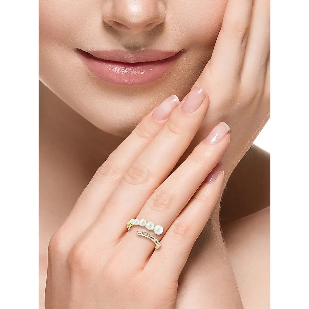 Bague en or jaune 14 ct avec perles d'eau douce de 2,5, 3,5 à 4 et 4,5 mm et diamants 0,1 ct PT