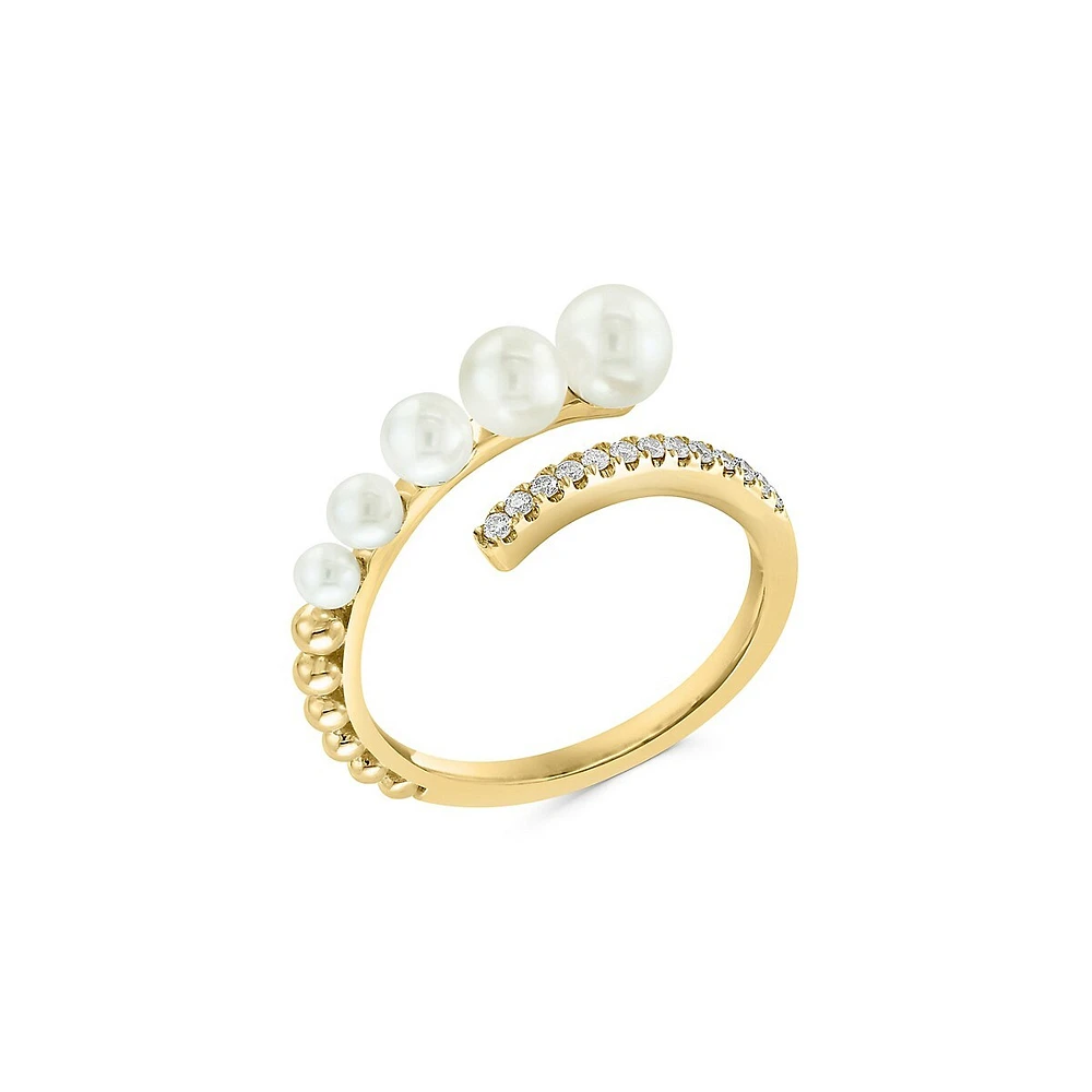 Bague en or jaune 14 ct avec perles d'eau douce de 2,5, 3,5 à 4 et 4,5 mm et diamants 0,1 ct PT