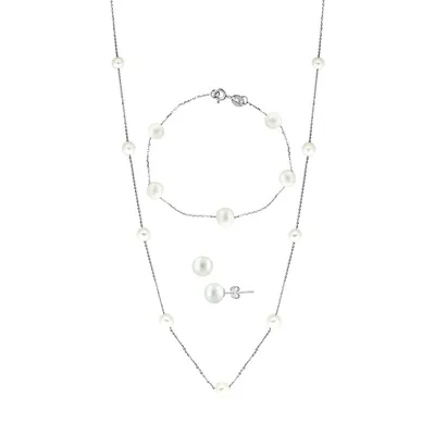 Ensemble de 3 colliers, bracelets et boucles d'oreilles en argent sterling avec perles d'eau douce de 6 à 7 mm