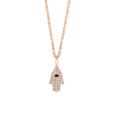 Rose Gold Over Sterling Silver, Sapphire & 0.09 CT. T.W. Diamond Evil Eye & Hand of Hamsa Pendant Necklace