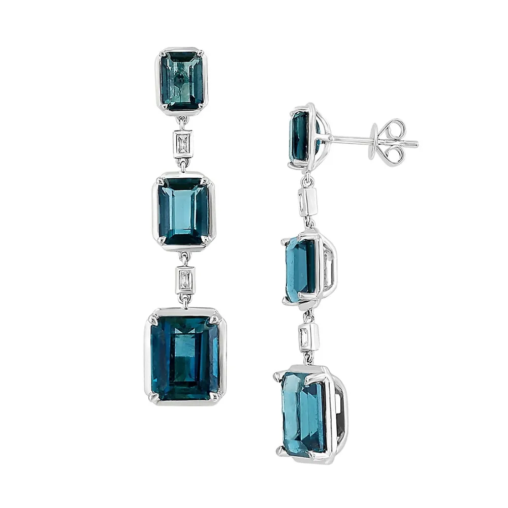 14K White Gold, 0.08 CT. T.W. Diamond & London Blue Topaz Linear Earrings