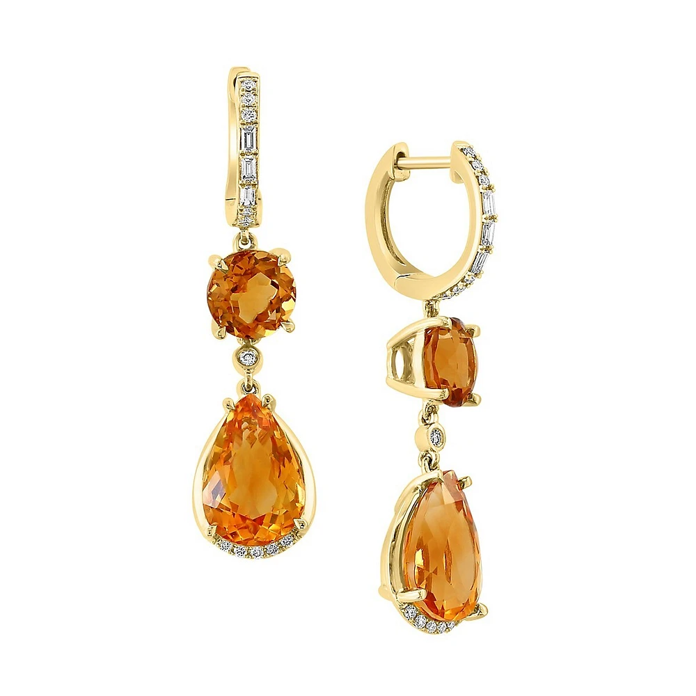 Boucles d'oreilles pendantes en or jaune 14 carats, 0,25 ct. TW, diamant et citrine