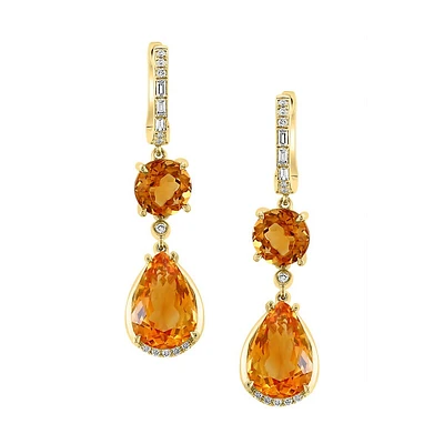 Boucles d'oreilles pendantes en or jaune 14 carats, 0,25 ct. TW, diamant et citrine