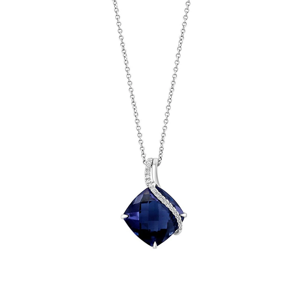 Collier avec pendentif en or blanc 14 carats, topaze bleue de Londres et diamant de 0,06 ct. TW