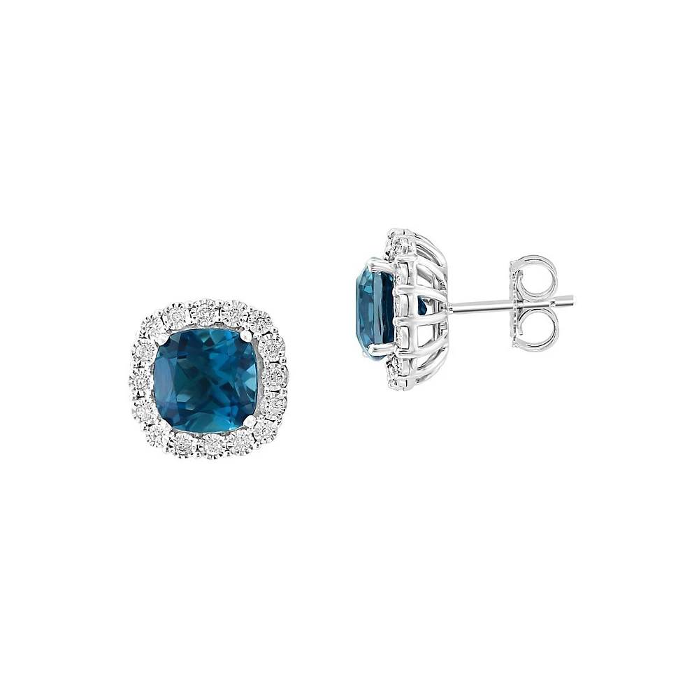 Boucles d'oreilles à tige en argent sterling avec halo de diamants et topaze bleue de Londres de 0,32 ct. TW