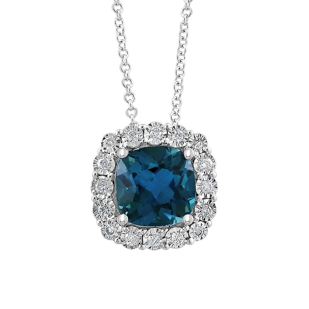 Collier avec pendentif en or blanc 14 carats, topaze bleue de Londres et diamant de 0,24 ct. TW