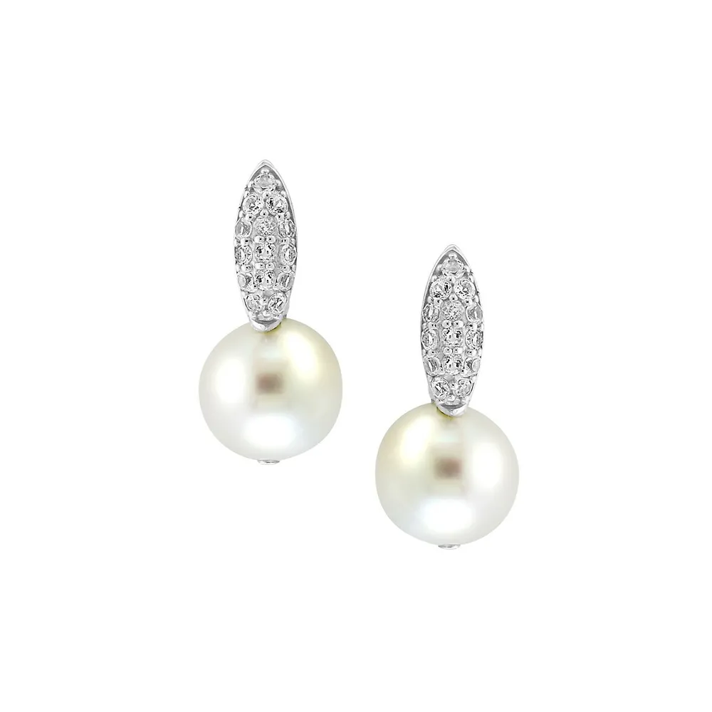 Sterling Silver, White Topaz & 12MM Freshwater Pearl Earrings