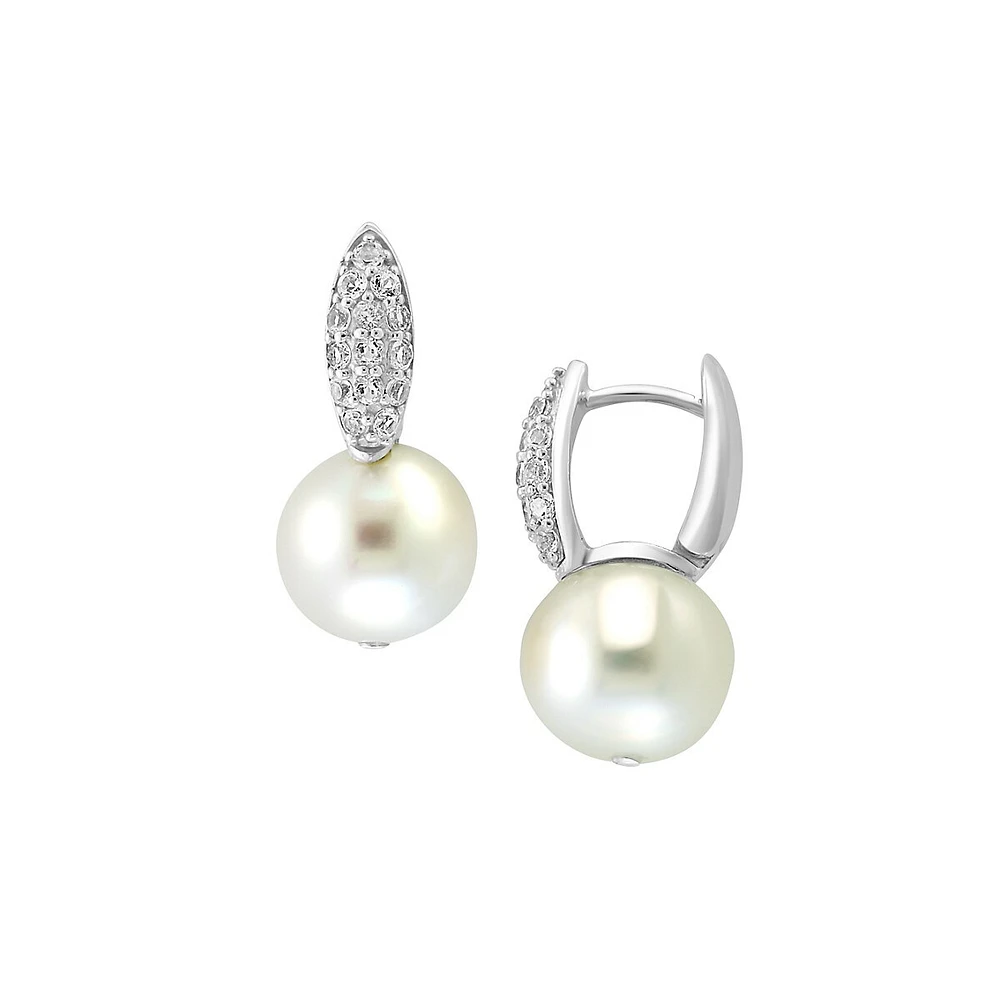 Sterling Silver, White Topaz & 12MM Freshwater Pearl Earrings