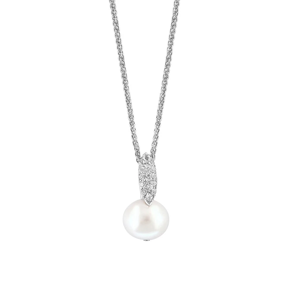 Sterling Silver, 12MM Freshwater Pearl & White Topaz Pendant Necklace