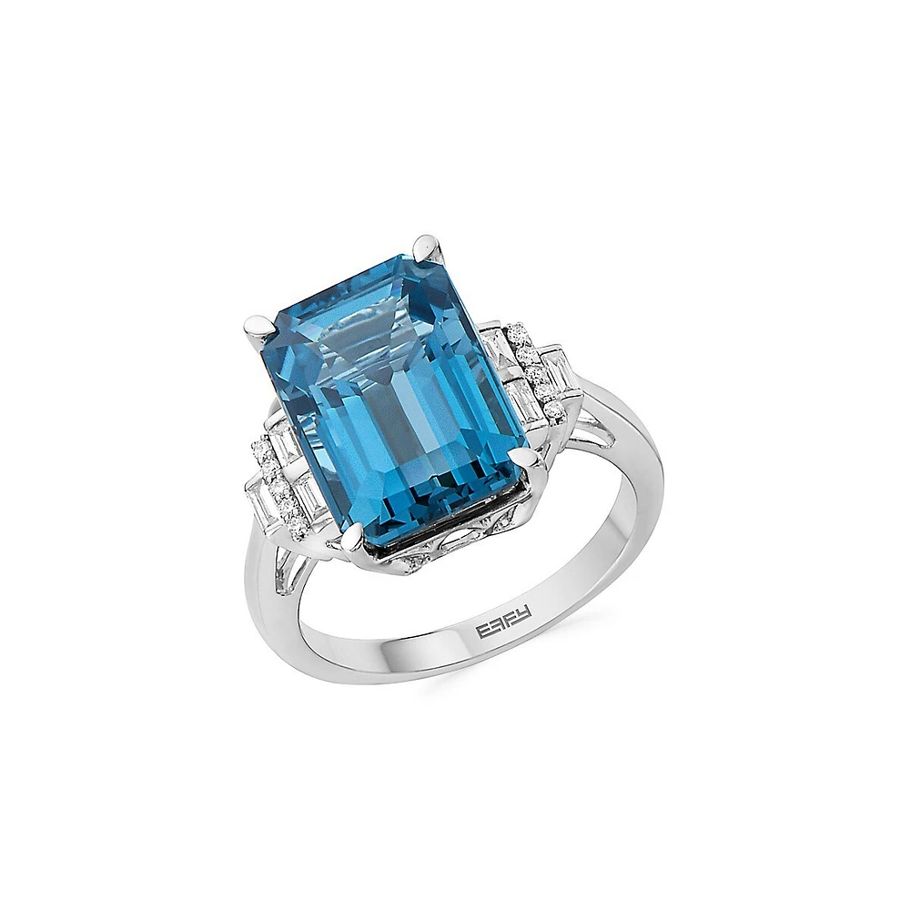 Bague en or blanc 14 ct avec topaze bleue de Londres et halo en diamants 0,16 ct PT