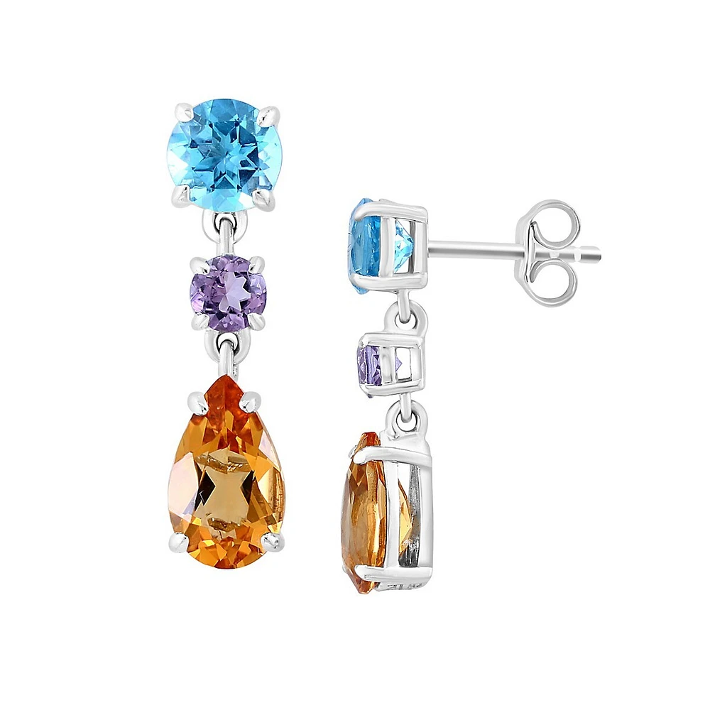 Sterling Silver, Amethyst, Blue Topaz and Citrine Linear Earrings