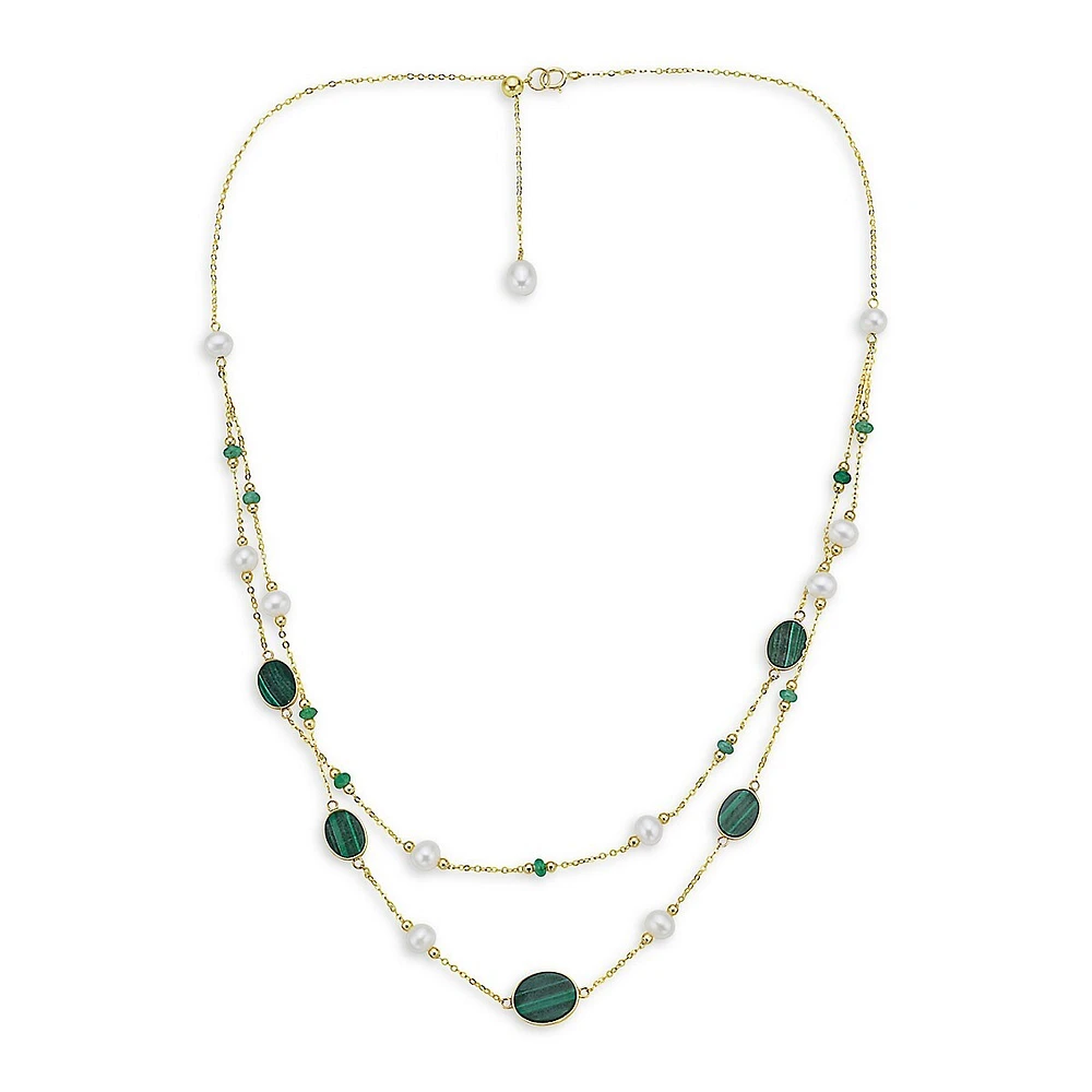 14K Yellow Gold, Malachite, 4.5MM-5MM Freshwater Pearl & Emerald Tiered Necklace