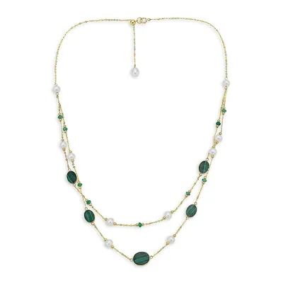 Collier étagé en or jaune 14 ct avec malachites, émeraudes et perles d'eau douce de 4,5 mm à 5 mm