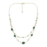 14K Yellow Gold, Malachite, 4.5MM-5MM Freshwater Pearl & Emerald Tiered Necklace