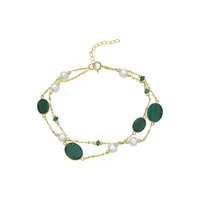 14K Yellow Gold, Malachite, 4.5MM Freshwater Pearl & Emerald Double-Chain Bracelet