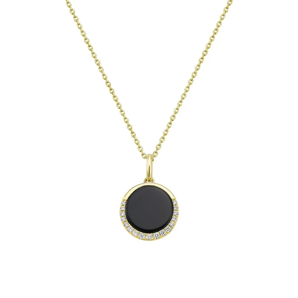 Collier avec pendentif en or jaune 14 ct, onyx et diamant 0,08 ct PT