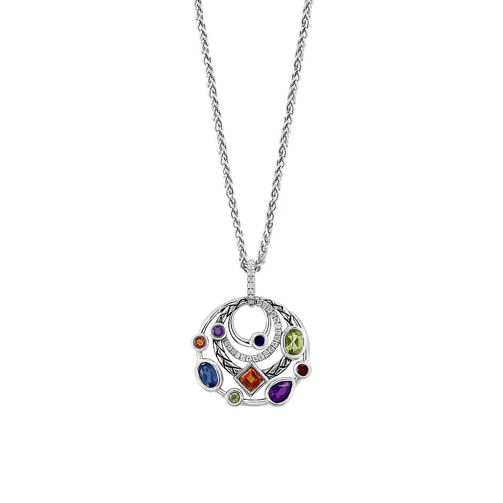 Sterling Silver, 0.19 CT. T.W. Diamond & 6-Gem Pendant Necklace