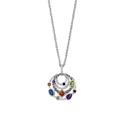 Sterling Silver, 0.19 CT. T.W. Diamond & 6-Gem Pendant Necklace