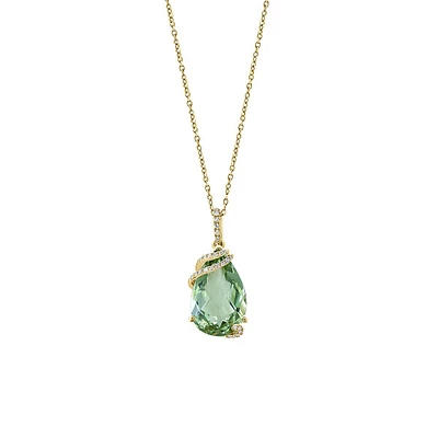 Collier avec pendentif en or jaune 14 carats, améthyste verte et diamant de 0,09 ct. TW