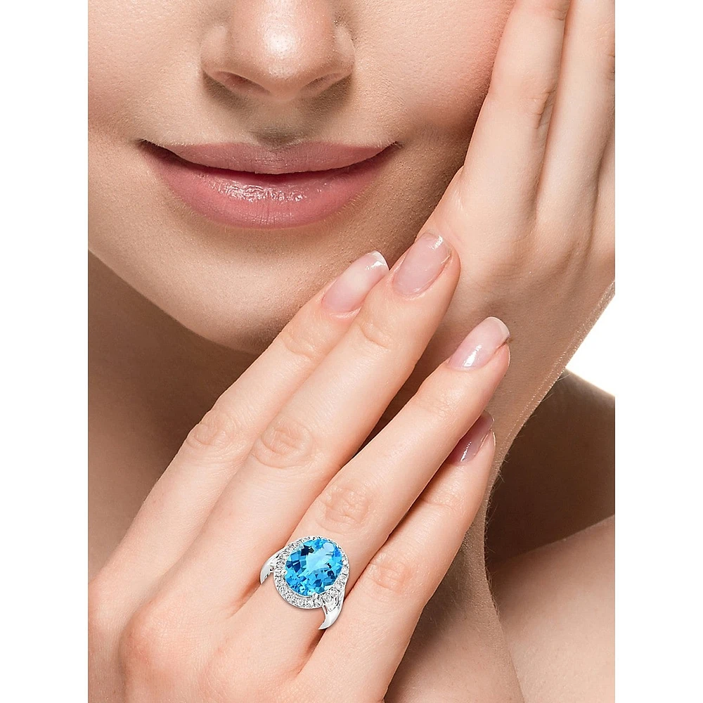 14K White Gold, Blue Topaz & White Topaz Ring